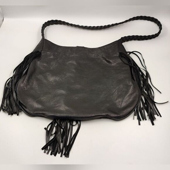 J J Winters Black Fringe Leather Boho Bag Vintage - Picture 10 of 16
